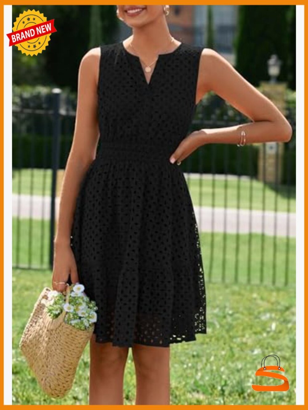 Sleeveless V Neck Eyelet Hollow Out A Line Swing Beach Sun Dress - Picture 3 of 7